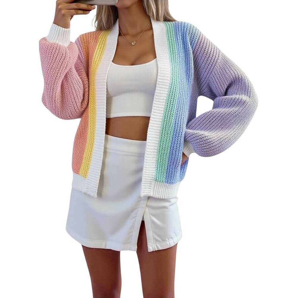 Women's Chunky Knit Cardigan Large Open Front Color Block Cozy Sweater